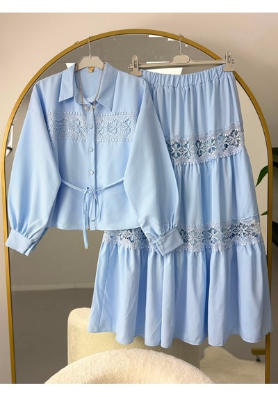 Lovie Moda Dantel Şeritli Gömlek Etekli Takım Mavi