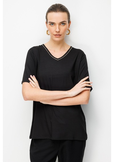 Desen Triko Kadın V Yaka Yaka Kenarı Zincirli Penye T-shirt 26707 Siyah Siyah