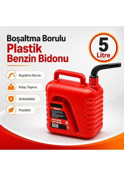 Badem10 Boşaltma Borulu Plastik Antistatik Benzin Bidonu 5 Litre Akaryakıt Mazot Taşıma Doldurma Depolama