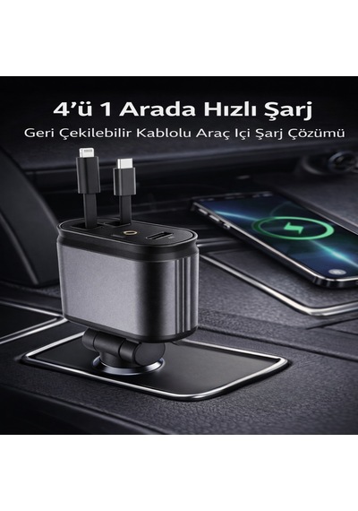 66w Hızlı Araç Şarj Cihazı 4 Ü 1 Arada Geri Çekilebilir Kablolu Type-c Lightning Usb Araç İçi Şarj Adaptörü 12v-24v