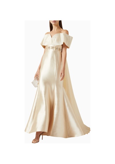 Ac By Aanchal Chanda Embellished Off - Shoulder Omuz Açık Saten Balık Form Kadın Elbise Bej