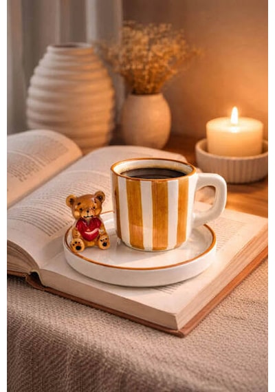 Erd Seramik Ayıcıklı 180 Ml Duble Türk Kahvesi Fincanı Tabaklı Çizgili Espresso Kahve Kupası 1 Adet Açık Kahverengi