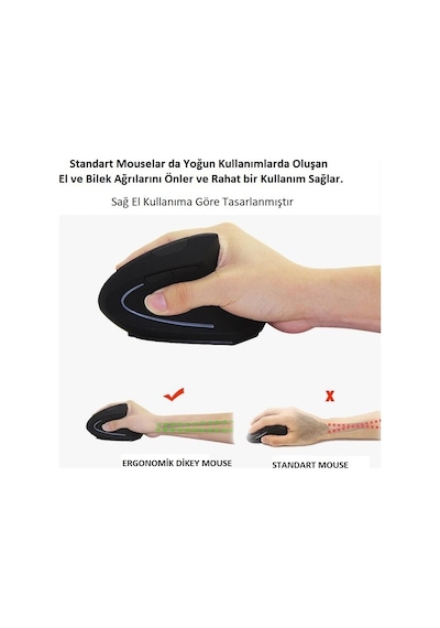 Luve Store Kablosuz Ergonomik Dikey Mouse 800/1200/1600 Dpı Ayarlanabilir 2.4 Ghz Optik Usb Alıcılı Dikey Ergonomik