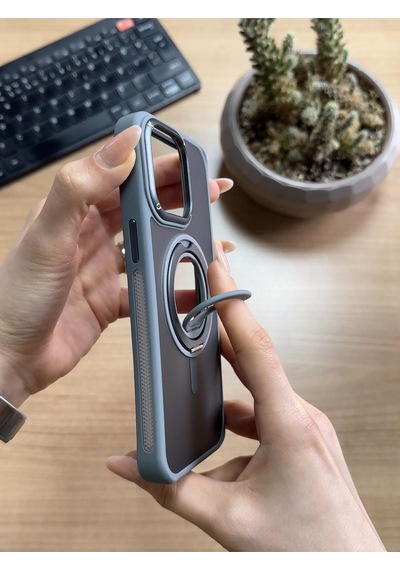 Apple Uyumlu iPhone 15 Pro Max Standlı Ve Yüzüklü Magsafe Kılıf Soocase721 Gri