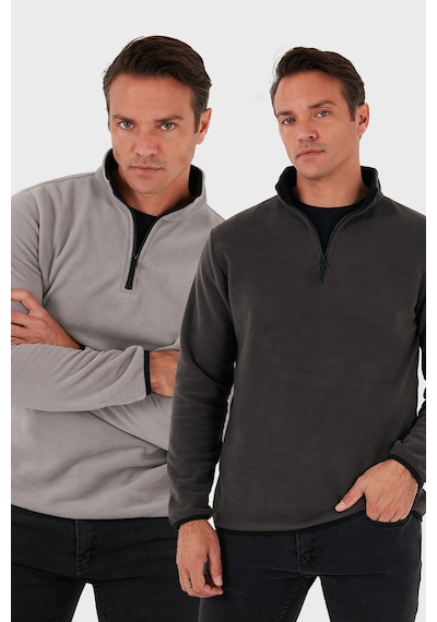 Buratti Slim Fit Yarım Fermuarlı Dik Yaka 2'Li Paket Erkek Polar 5906003S2 Gri-Füme