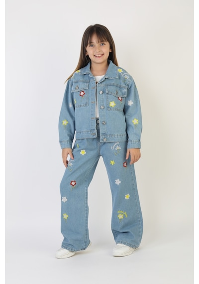 Moonch Papatya Ve Çiçek Nakışlı Kız Çocuk Denim Ceket&pantolon Takım Mavi