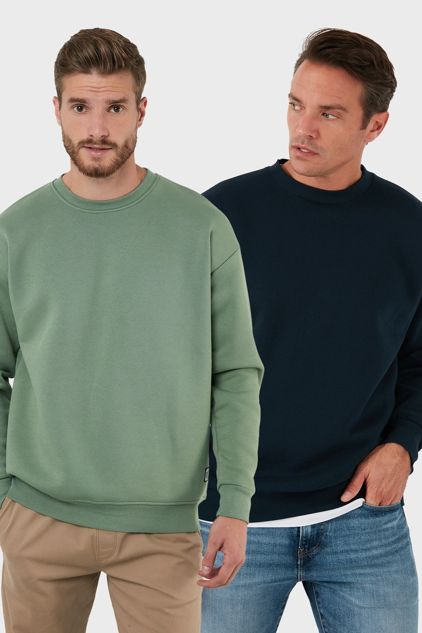 Buratti Regular Fit Bisiklet Yaka Şardonlu 2'Li Paket Erkek Sweat 5905255S2 Elma-Koyu Lacivert