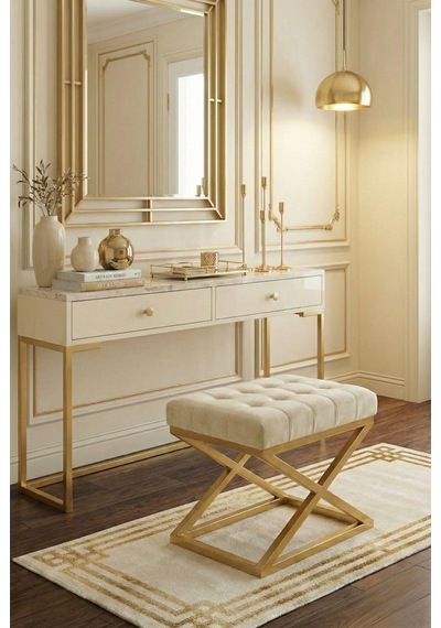Nexus Babyface Kapitoneli Puf - Gold Metal X Ayaklı Modern Bench 50x40 Cm Bej