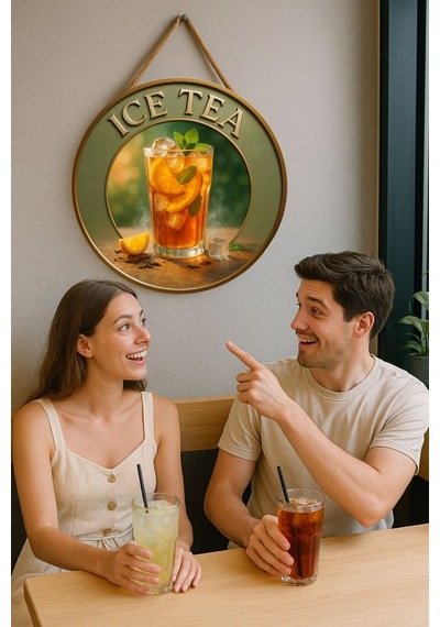 Ice Tea Temalı Kapı Süsü Tablosu, Soğuk Çay Konseptli Uv Baskılı Ferahlatıcı Cafe Büfe Duvar Dekoru