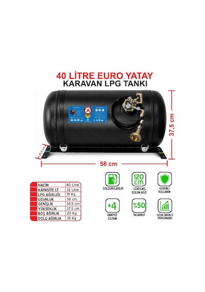 40 Litre Euro Yatay Karavan Lpg Tankı Siyah