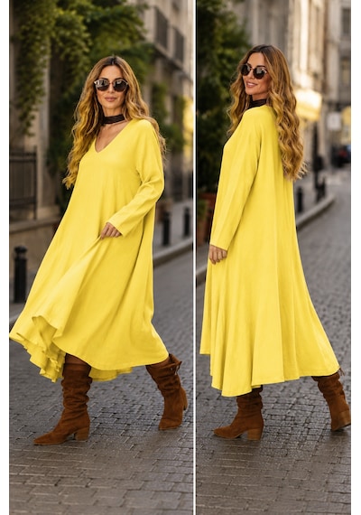 Bohem Stil İtalyan V Yaka Uzun Kol Keten Elbise Sarı Bohem Stil İtalyan V Yaka Uzun Kol Keten Elbise Sarı