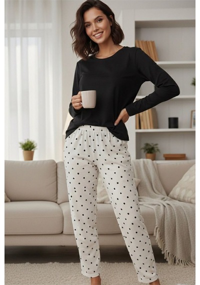 Siyah İnci Pamuklu Örme Pijama Takım 7975 Beyaz Siyah Kalp Puan