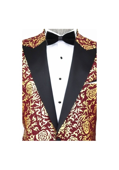 Wessi Gold Gül Desenli Slim Fit Bordo Erkek Smokin Ceket Bordo