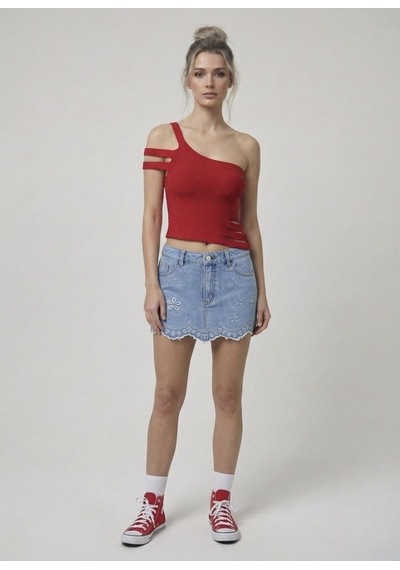 Neden Tekstil Asimetrik Tek Omuz Triko Crop Bluz - Kırmızı