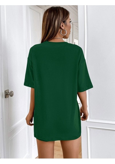 Cool Mom T-shirt - Yeşil Baskılı Oversize Bisiklet Yaka Kısa Kol Tişört Yeşil