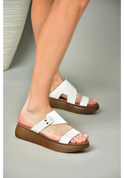 Fox Shoes S291059703 Beyaz Hakiki Deri Kalın Tabanlı Kadın Terlik Beyaz
