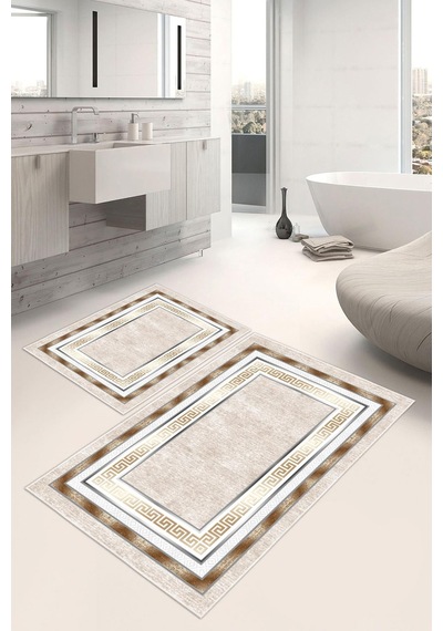 Dijital Baskı Çerçeve Desenli Kaymaz Taban 2li Set Banyo Paspası Klozet Takımı 50x60cm-60x100cm krem