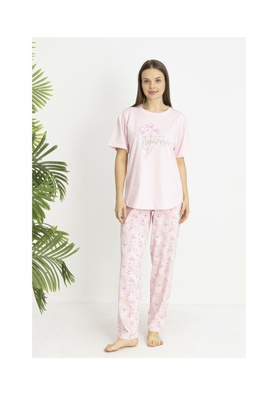 Estiva Kadın Flora Alt Desenli Pembe Penye Lycra Kısa Kollu Pijama Takımı Çok renkli