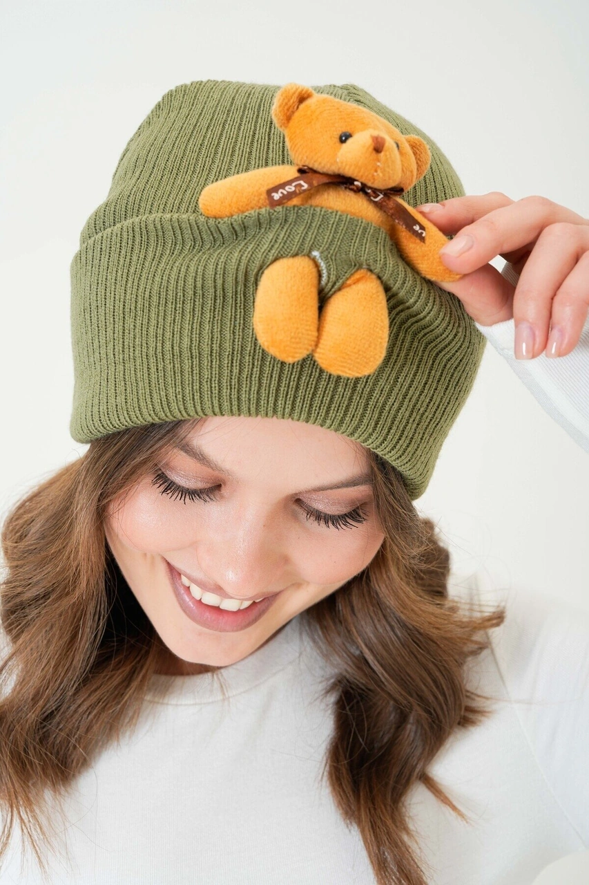 Mamayaga Unisex Ayılı Spor Şık Tasarım Hediyelik Bebe Mavisi Bere Haki
