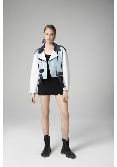 Dericlub H.quınn Crop Biker Kadın Deri Mont Mavi