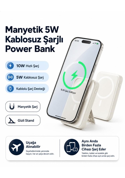12.000mah 5w Mıknatıslı Powerbank Micro Type-c Şarjlı Hızlı Şarj Taşınabilir Standlı 4 Çıkış 3 Giriş 10w Hızlı Şarj Kablosuz Uyumlu Şarj Açık Gri