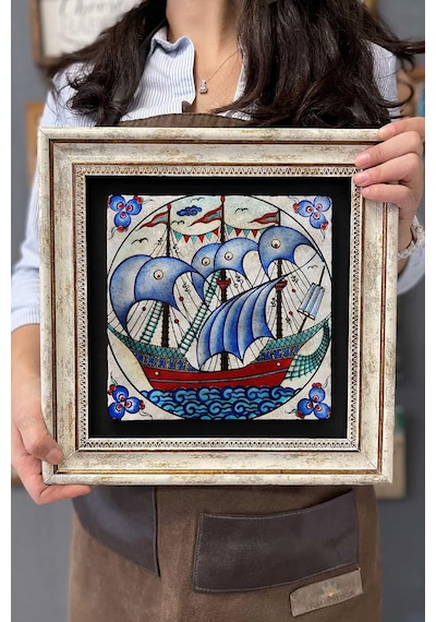 Oscar Stone Decor Çerçeveli Tablo Taş Duvar Dekoru 30 X 30 Cm Çini Seramik Gemi Figürlü Tablo Diğer