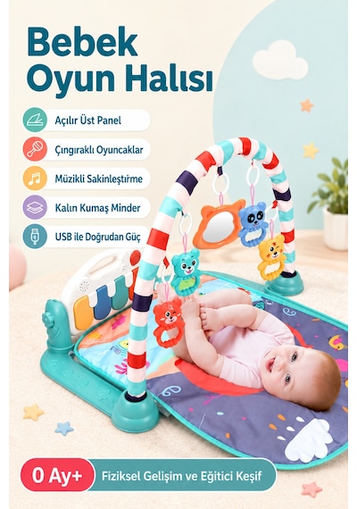 Minikyol Müzikli Keşif Halısı Piyanolu Aynalı Çıngıraklı Bebek Oyun Halısı Ve Müzikli Aktivite Merkezi 0-36 Ay Turuncu