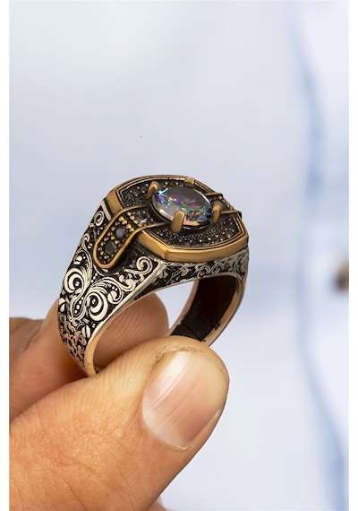 Mistik Topaz Taşlı Otantik Gümüş Erkek Yüzük -8376 Gümüş
