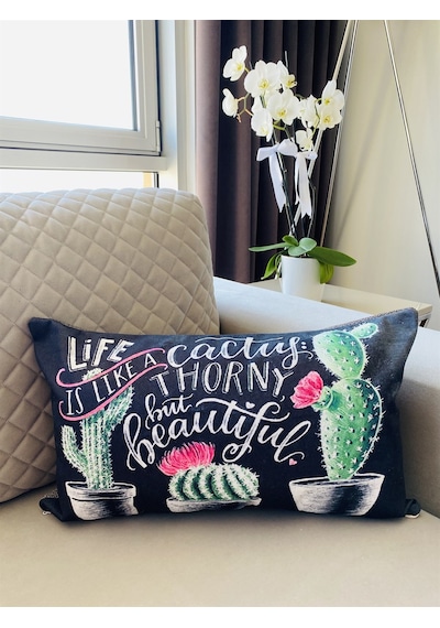 Çift Taraflı Kaktüs Desenli Dekoratif Yastık Kılıfı 35*55 Cm