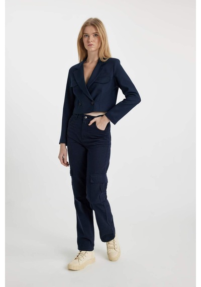 DeFacto Coool Straight Fit Gabardin Pantolon Kargo Cepli Yüksek Bel B0458AX23AUNV28 Lacivert
