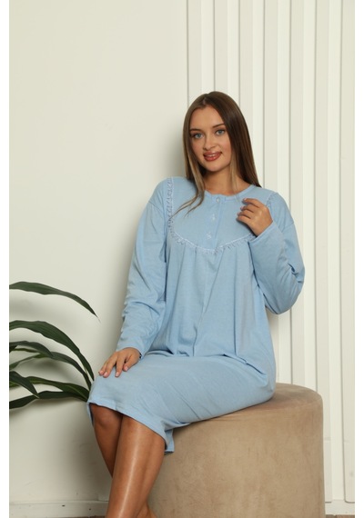 Yasar Underwear Kadın Uzun Kollu Dantel Detaylı Rahat Kesim %100 Pamuk Gecelik Mavi Mavi