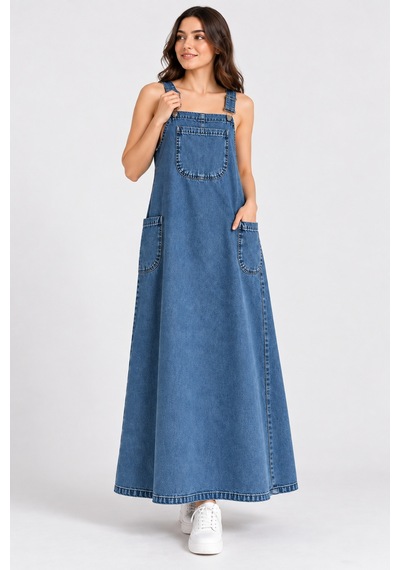 Bul-al Kadın Uzun Denim Jile Elbise Askılı Cepli Jean Elbise Mavi