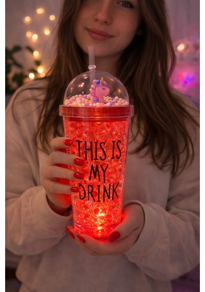 Sevimli Renkli Çılgın 450ml Led Işıklı This İs My Drink Temalı Pipetli İçecek Bardağı Suluk 2642krmz Kırmızı