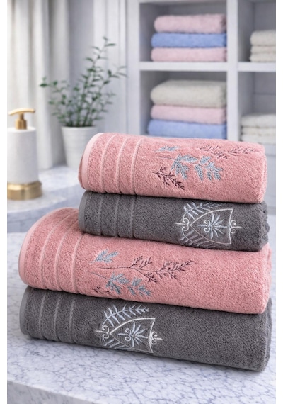 Özdilek Soft Leaf Best Set Hamam Takımı Pembe-antrasit Çok Renkli