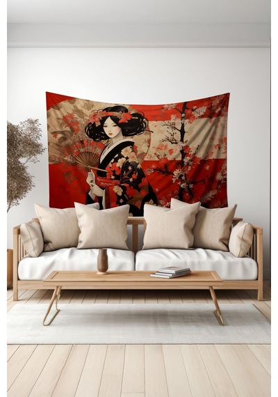 Sakura Güzelliği Desenli Duvar Halısı Duvar Örtüsü Tapestry Süet Dokulu Kumaş
