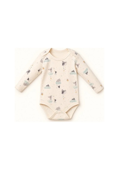 Cantaz Unisex Bebek Koala Desenli %100 Pamuk Uzun Kollu Çıtçıtlı Body Zıbın Krem