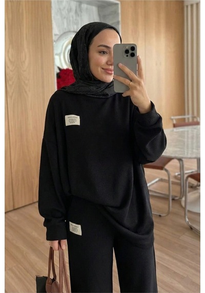 Unika Boutique Fitilli Armalı Detaylı Oversize Kaşkorse Basic Alt Üst Takım Siyah