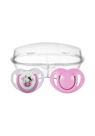 Mamajoo Ortodontik Emzik Seti 12 Ay+ Pembe & İnek 2'li Silikon - Damaklı Sterilizasyon + Saklama Kabı