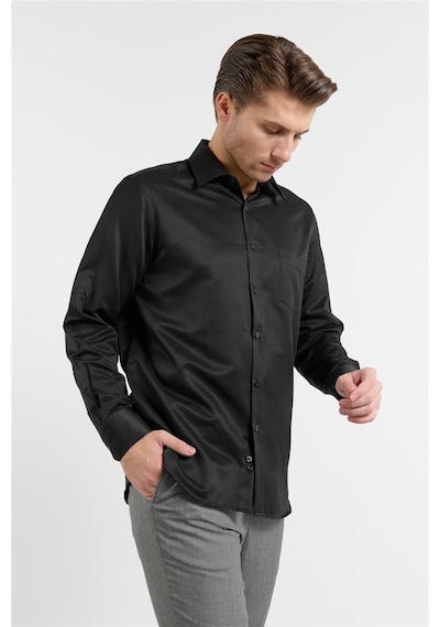 İmza Siyah Kendinden Desenli Sert Yaka Uzun Kol Cepli Comfort Fit Pamuklu Gömlek 1004255269