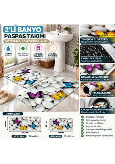 Banyo Paspası, Kaymaz Tabanlı, Yumuşak Dokulu, Şık Ve Dekoratif 2'li Dijital Baskılı Çok renkli