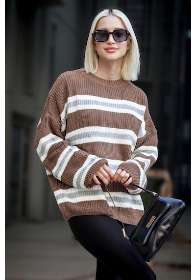 Madmext Kahverengi Çizgili Triko Kazak Mg1244 - Kahverengi