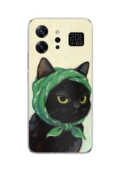 Infinix Note 60 Ultra Uyumlu Babushka Yeşil Başörtülü Siyah Kedi Baskılı Silikon Kılıf