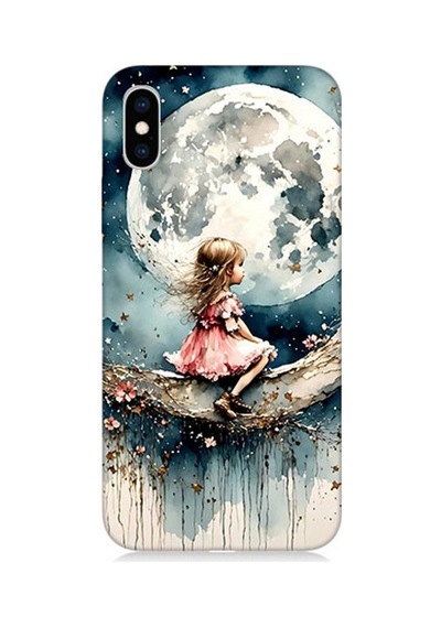 Apple Uyumlu iPhone X Ay Üzerinde Hayalci Kız Desenli Silikon Kılıf Çok Renkli