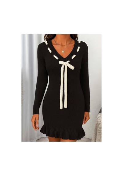 Butik İstanbul Kadın Uzun Kollu V Yakalı Yakadan Bagcıklı Kısa Triko Elbise Siyah