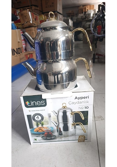 Lines Ayperi L-3040 Mega Boy Çaydanlık No:10 Paslanmaz Çelik Büyük Boy Çaydanlık Takımı 2.5 L + 4.5 L Gold Saplı Krom