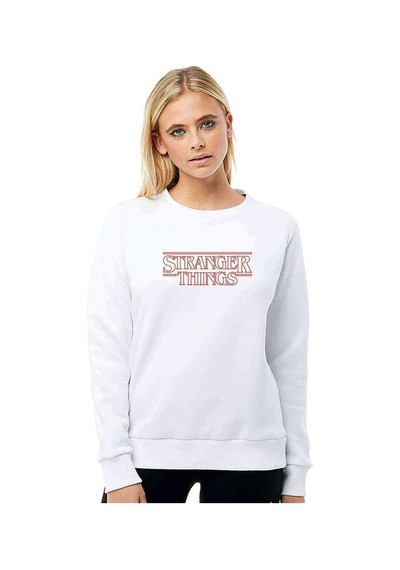 Stranger Things Kırmızı Logo Baskılı Beyaz Kadın Sweatshirt