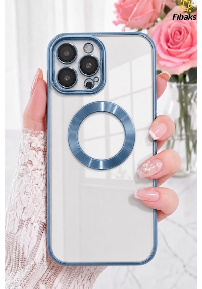 Fibaks iPhone 15 Pro Max Uyumlu Kılıf Kamera Lens Korumalı Logo Gösteren Arkası Şeffaf Parlak Kenarlı Kapak