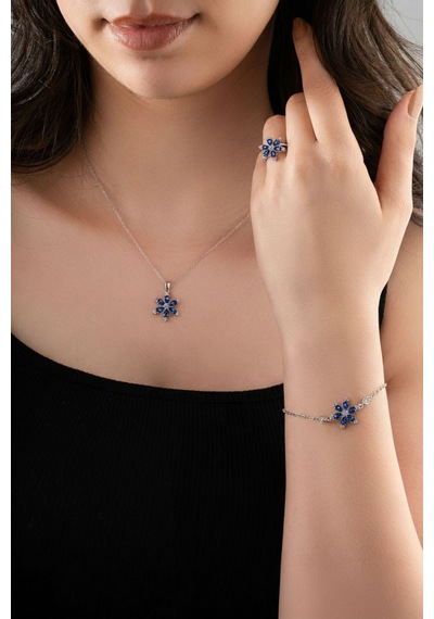 925 Ayar Safir Taşlı Rodyum Lotus Çiçeği 3'lü Gümüş Set Gümüş
