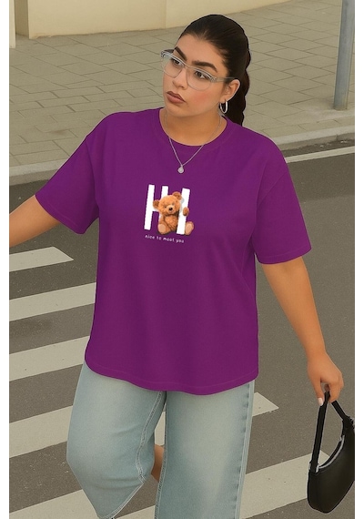 Büyük Beden Ayıcık Baskılı Unisex Tişört Mor