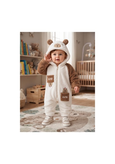 Chicsy Baby Tatlı Ayıcık Nakışlı Bebek Welsoft Tulum Kapüşonlu Kulaklı Fermuarlı Cepli Kışlık Peluş Tulum Açık Kahverengi